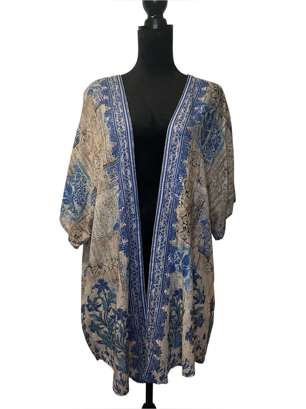 Soft Surroundings Blue & Cream Floral Open-Front Kimono Duster Cardigan